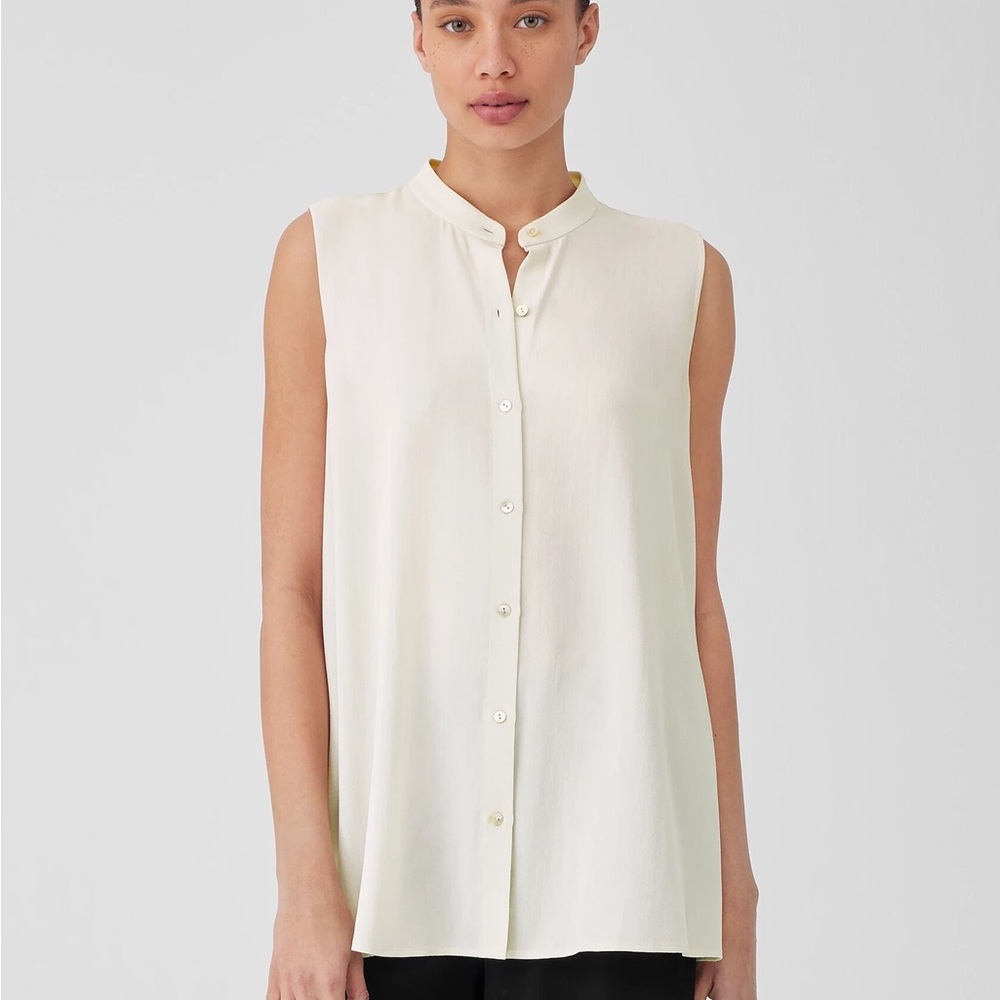$258 NWT Eileen Fisher 100% Silk Georgette Bone Crepe Sleeveless Shirt XL